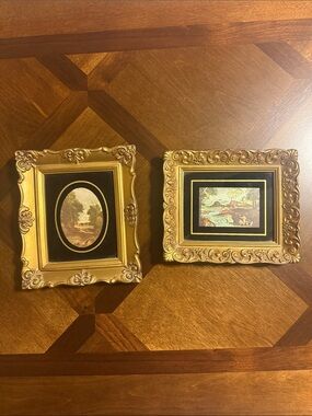 Set of Two Vintage Ornate Gold Picture Frames with Scenic Prints